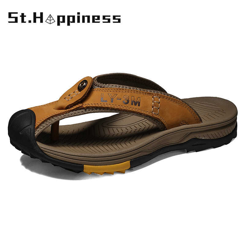 

Summer Men's Outdoor Leather Flip-Flops Luxury Brand Designer Original Slipper Fashion Casual Beach Slipper Big Size 210721, Black