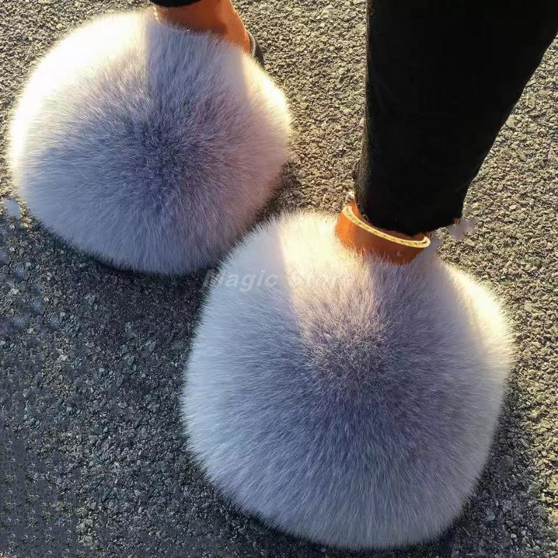 

Hot Summer Women Fur Slippers Real Fur Slides Female Indoor Flip Flops Casual Raccon Sandals Furry Fluffy Plush Shoes