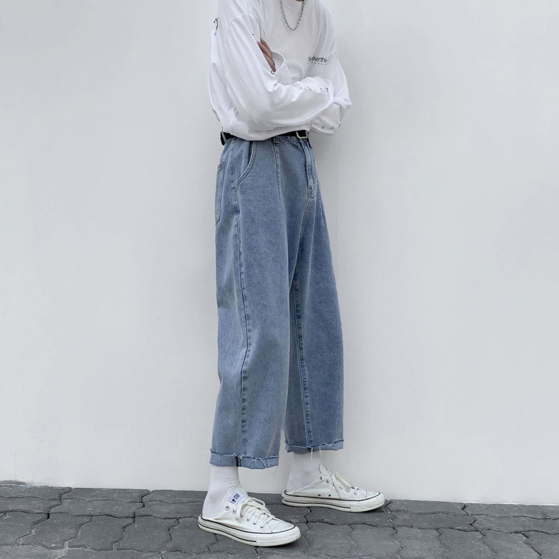 

2021 New Korean Cotton Wide-leg Men's Fashion Casual Retro Jeans Men Streetwear Loose Hip-hop Straight Denim Trousers Mens -3xl 96l3, Blue
