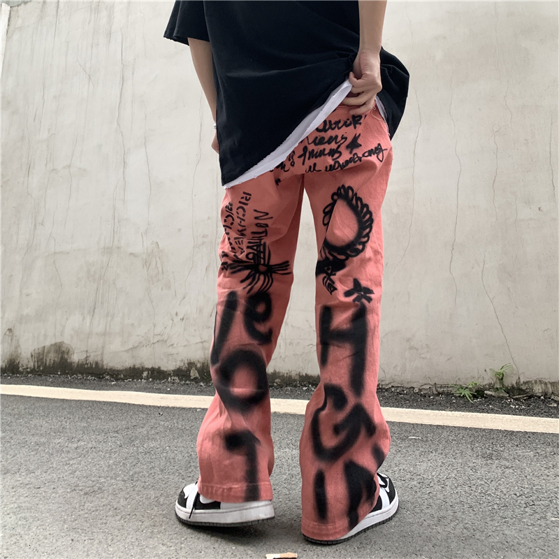 

2021 New Letter Graffiti Streetwear Ripped Jeans for Men and Women Straight Windbreaker Washed Loose Denim Trousers Harajuku Jean Pants Y8rc, Black