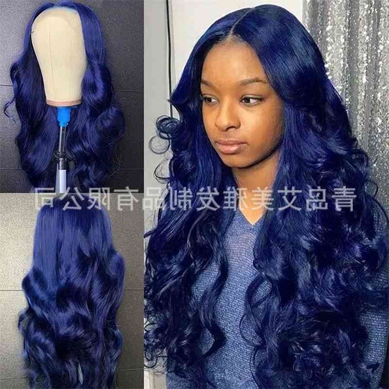 

long curly blue women's 13 * 5 front lace human hair headgear