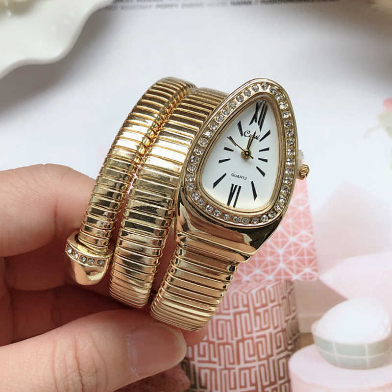 

2021 Reloj Mujer Luxury Gold Snake Winding Watches Women Fashion Crystal Quartz Bangle Bracelet Watches Ladies Watches Gifts H1012, Rose gold white