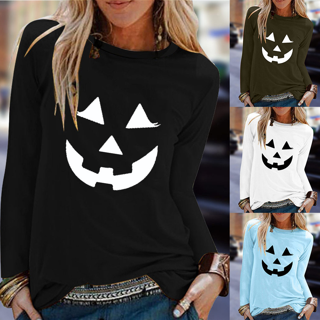 

2021 halloween new pumpkin lantern prank print pattern women's long sve t-shirt pullover loose casual t-shirt, White