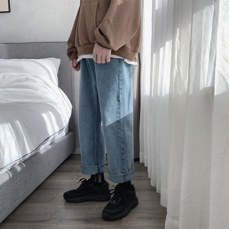 

2021 New Winter Men's Wash Baggy Homme Casual Cargo Pocket Blue Jeans Tide Male Straight Pants Loose Biker Denim Trousers M-2xl 545o, Smoky gray