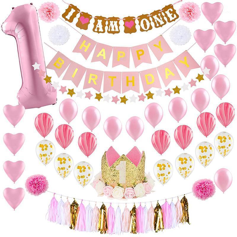 

Party Decoration Pink 1st Birthday Balloon Set Crown Hat Number 1 Foil I Am One Banner For Girl Boy Year Old