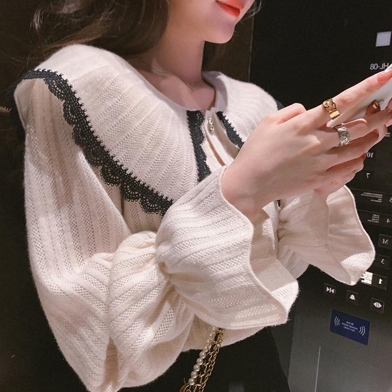 

Women's Knits & Tees Sueters De Mujer Korean Fashion Hit Color Flare Sleeve Knitted Sweater Coat Autumn Doll Cropped Cardigan White Oversize