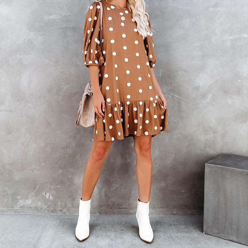 

2021 New Women Spring Patchwork Polka Dot Casual 3/4 Lantern Sleeve Female Chic Ruffle Hem Midi Party Vestidos Spjf, Black