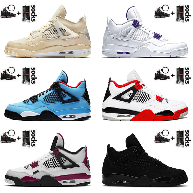 

With socks New Basketball Shoes Jumpman 4 4s Fire Red White Off Sail Travis Scotts Men Women Trainers Sneakers Retro Shoes Black Cat, White;red