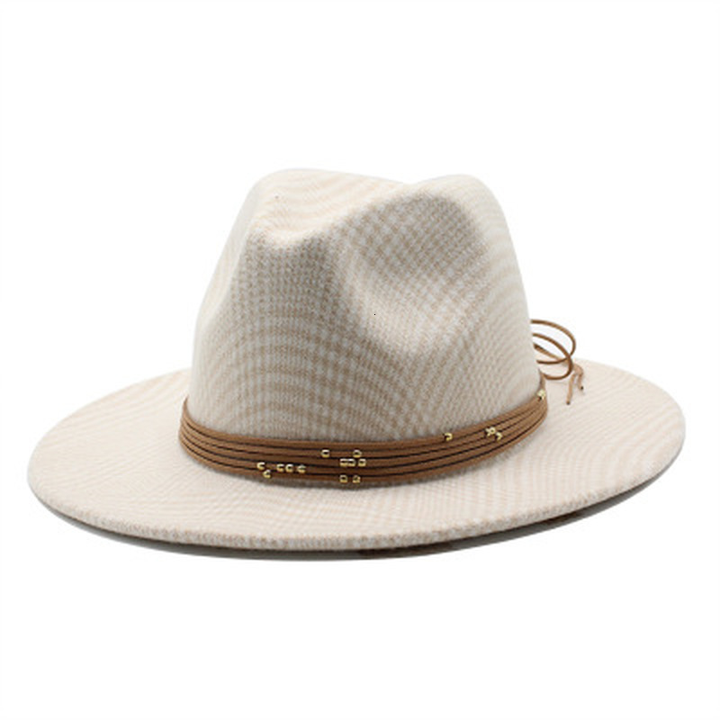 

2021 New Fedora Wide Brim Belt Band Felted Black White Grey Plaid Formal Wedding Men Women Winter Wool Hats Jmep, Coffee