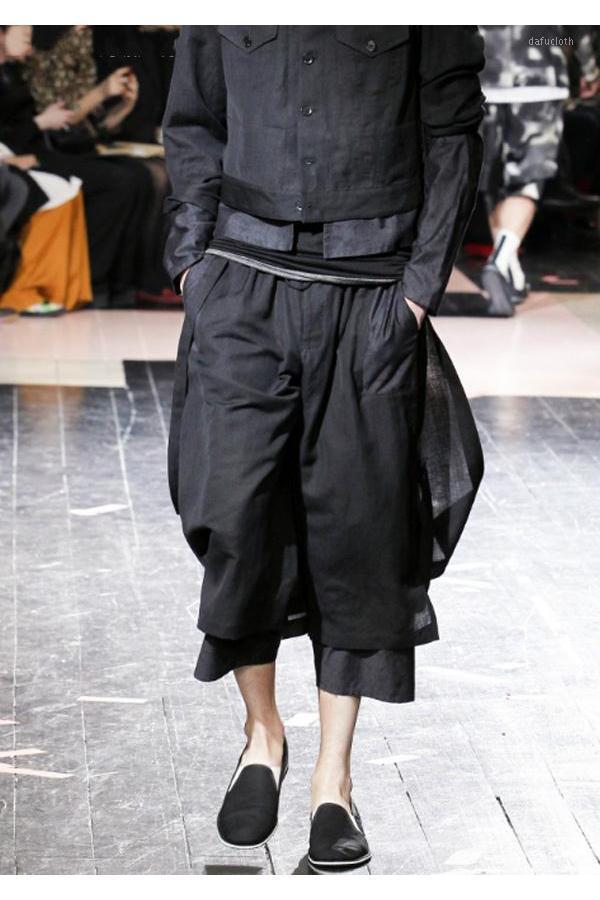 

European And American Fashion Men's Double-layer Tulle Seven Points Casual Pants 2021 Summer Trend Wide-leg, Black