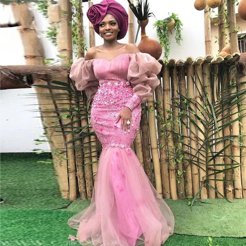 

Aso Ebi Style vestidos Off shoulder Mermaid Evening Dresses Puffy Long Sleeves 3D Flowers African Women Prom Gowns Custom Robe, Chocolate