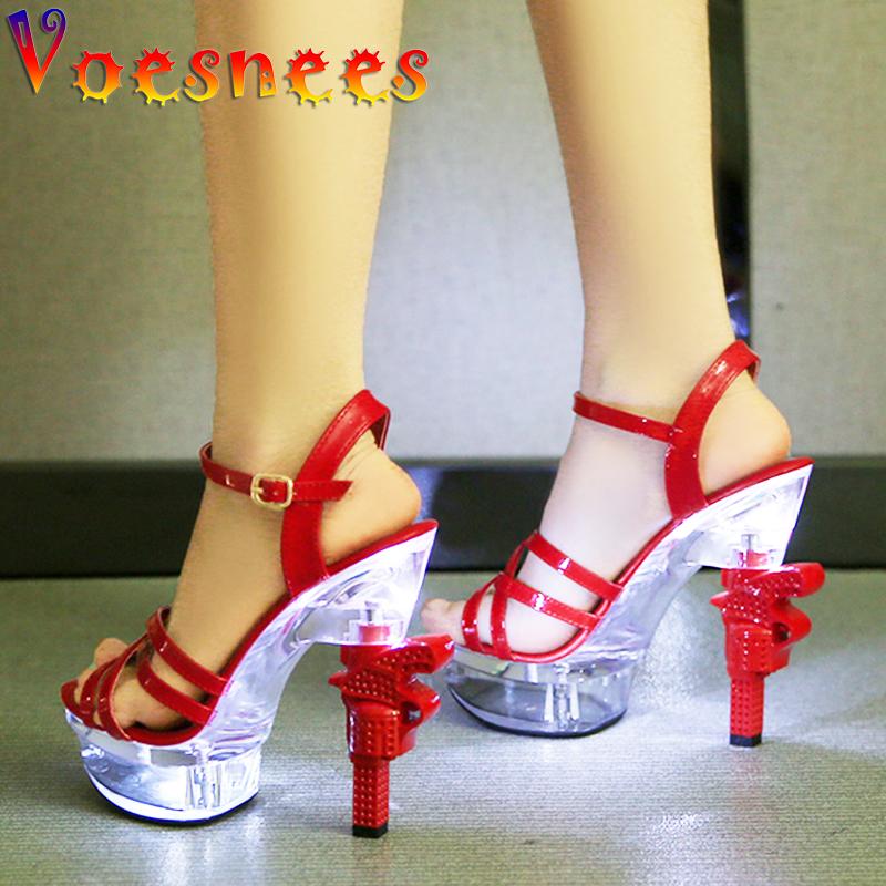 

Platform Women Glitter Sandals Glowing Crystal Women Shoes Pistol Heel Sandals Cross-tied14cm High Heels Sexy Shoes Plus Size 43, As picture shown