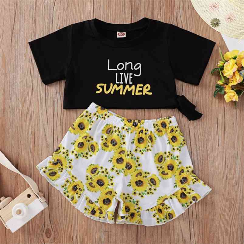 

Summer Children Sets Casual Short Sleeve O Neck Letter T-shirt Print Sunflower Shorts 2Pcs Girls Boys Clothes Set 0-2T 210629, Black