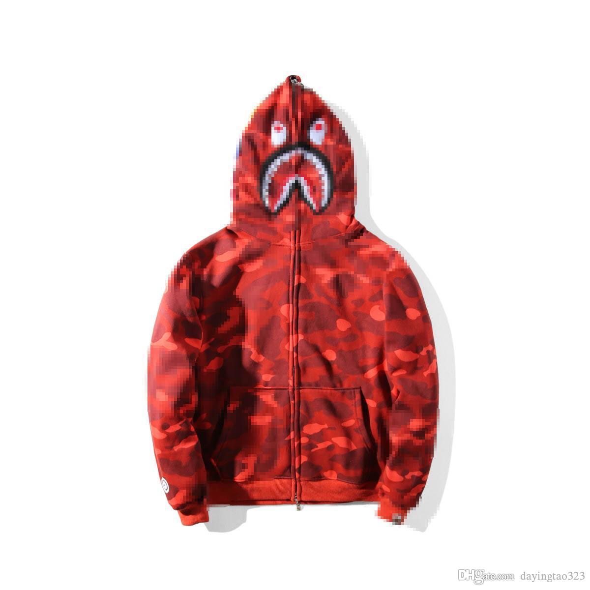 

A Bathing Ape Camo Hoodie Sweatshirts Mens SHARK Head FULL ZIP Red Jacket/Coat, Black