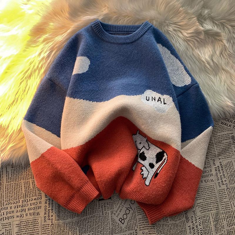 

Men's Sweaters 2021 Trendy Winter Korean Style Loose Pullover Couple Sweater Contrast Color Letter Printing Casual Men, White;black
