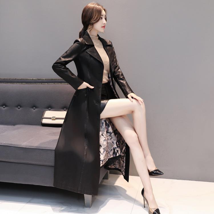 

Women's Leather & Faux Casual Solid Women Long Jacket Loose Pockets Bomber PU Jackets And Coats Fashion Turn-down Collar Overcoat, Black