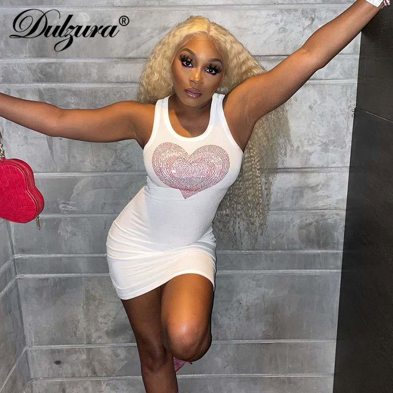 

2021 summer women heart shaped rhinestone ribbed tank mini dress sleeveless bodycon streetwear club party casual, Black;gray