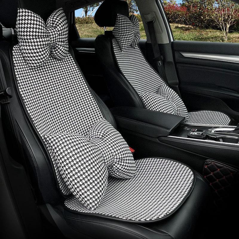 

Seat Cushions Car Neck Pillow Cute Grid Bow Accessories Home Stretch Cotton Waist Travel Decompression Headrest Lumbar Support
