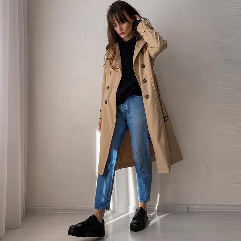 

Women' Trench Coats 2021 Autumn Winter Women Vintage Turn-down Collar Long Double Breasted Casual Ladies Slim With Belt, Black