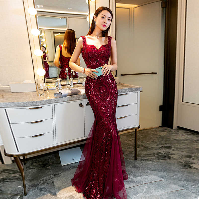 

summer v-neck slim sequined mesh fishtail dress Office Lady Polyester Sleeveless Floor-Length Regular 210603, Red