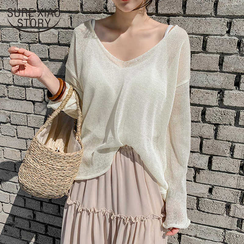 

Spring and Summer Super Thin Sexy V-neck Pullover Tops Solid Color Korean Loose Sunscreen Perspective Sweater 210527, Blue