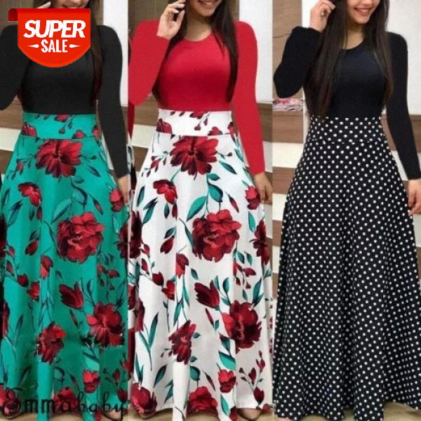 

Plus Size AutumnFloral Boho Maxi Dress Women Long Sleeve Dress Maxi Ladies Casual Party Night Vestidos Verano 2019 #UG6u, Black;gray