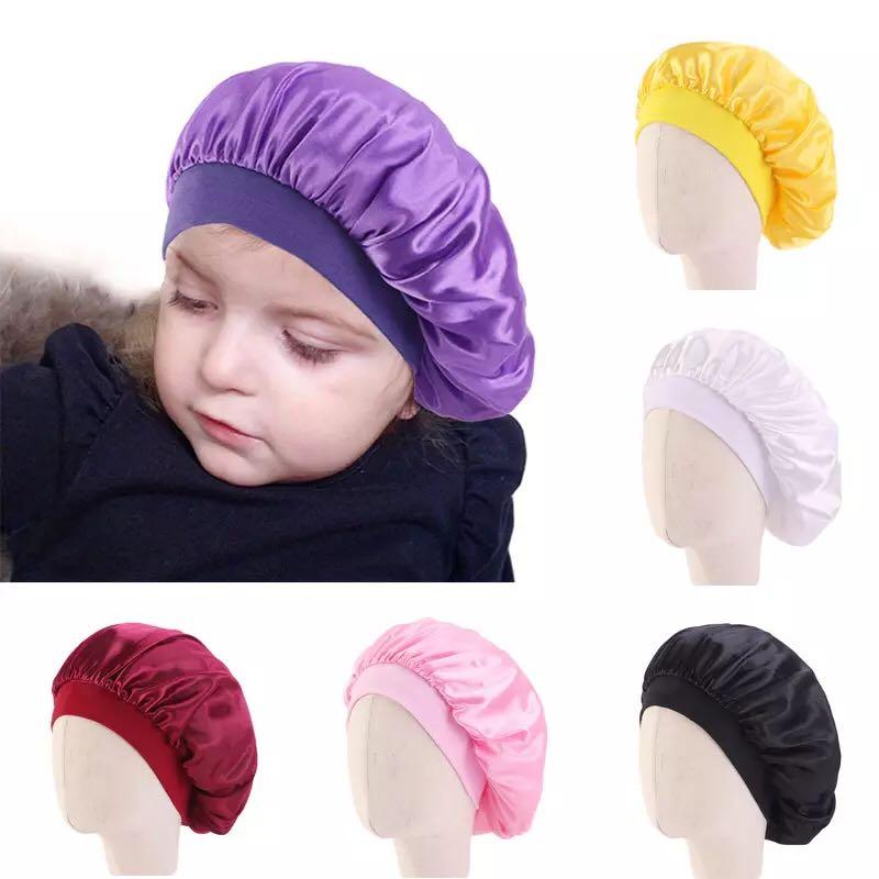 

Kids Solid Color Satin Bonnets Night Sleep Cap Hair Bonnet Hat Satin Head Cover Wide Elastic Band for Toddler Children- 8 Colors