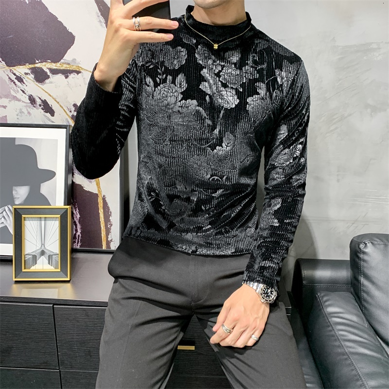 

2021 New Autumn Veet T-shirt Fashion Long Sleeve of Casual Men T-shirts All the Fine Male Set Pullovers High Collar 3xl Cjg0, Green.