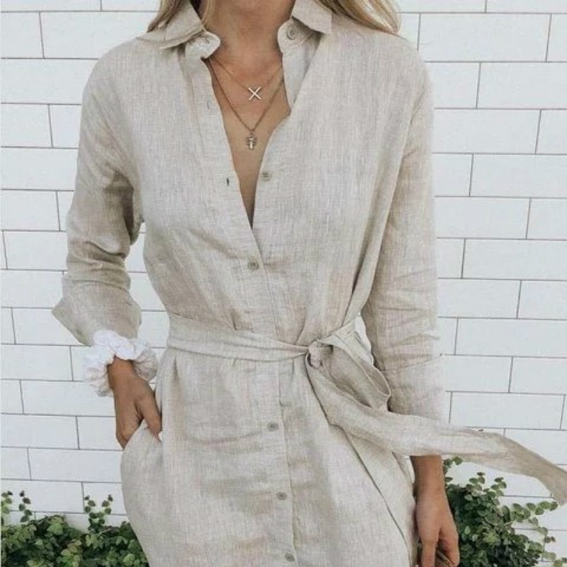 

Long Sleeve Button Mini Shirt Dress Women Spring Summer Cotton Linen es Drawstring Waist Casual Minimalist Solid 210603, Blue
