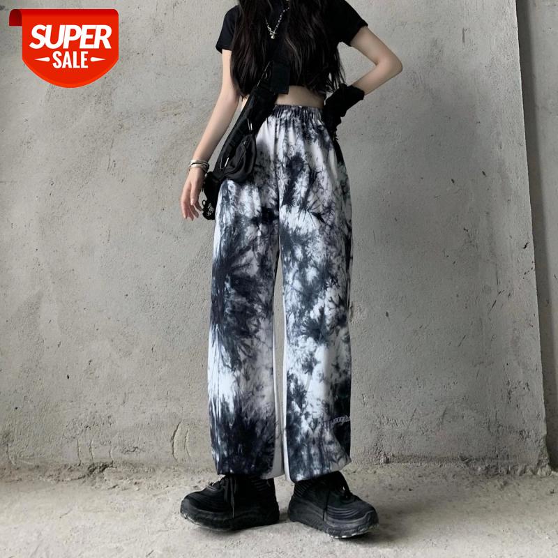 

sporty trousers men women tie dye bottom wide-leg letter embroidery Harajuku streetwear style cotton tie-dye loose casual pants #8J6c, Black;white