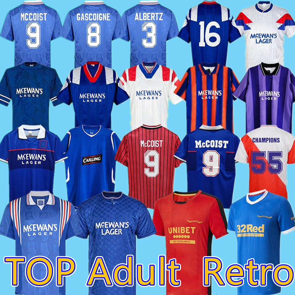 

Retro 20 21 22 Glasgow Rangers FC 150th Anniversary Soccer Jerseys 2021 2022 CHAMPIONS Football Shirt GASCOIGNE 87 90 92 94 96 97 99 01 KENT, Rangers 96-97 home