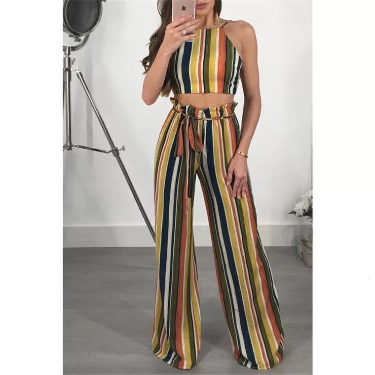 

2021 New Spring Summer Women Two Piece Set Top and Pants Plus Size Outfits Tracksuit Sweatsuit Striped Tank Tops Long Trousers Sexy Sets Wsy, Green
