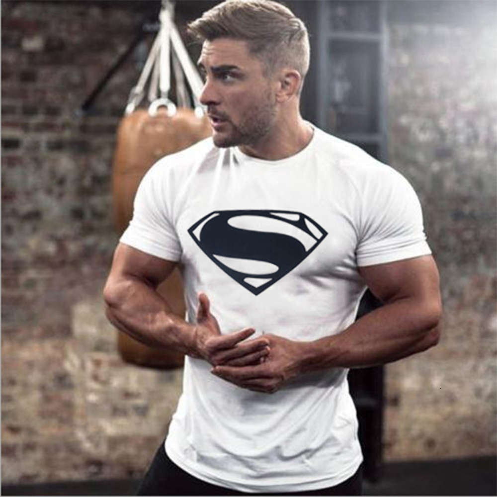 

European Monochrome Fitness Men's Round Neck Sports Training Tight Cotton T-shirt Muscle Short Sleeve Loose Size, White;black