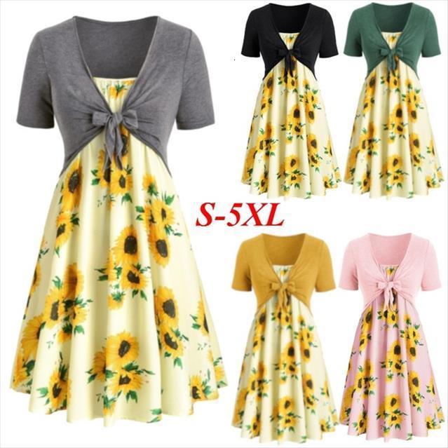 

two piece dress sunflower print womens tracksuits summer mini fashion knotted short sleeve tunic casual party suits, Gray