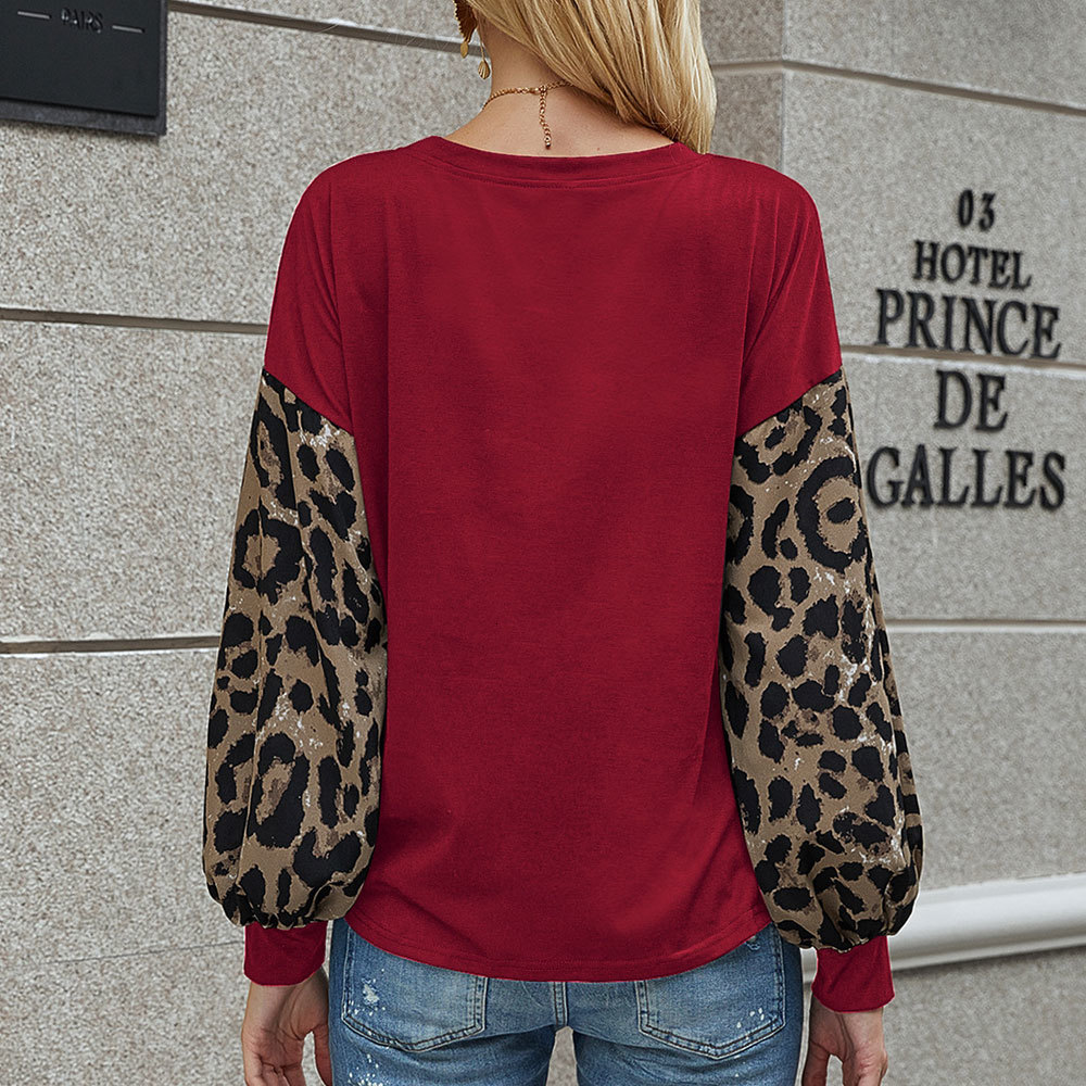 

2021 New Fashion Lantern Long Sleeve Leopard Print Patchwork Loose t Shirt Autumn Vintage Tshirts Elegant Tops Tunic Y5o1, Black