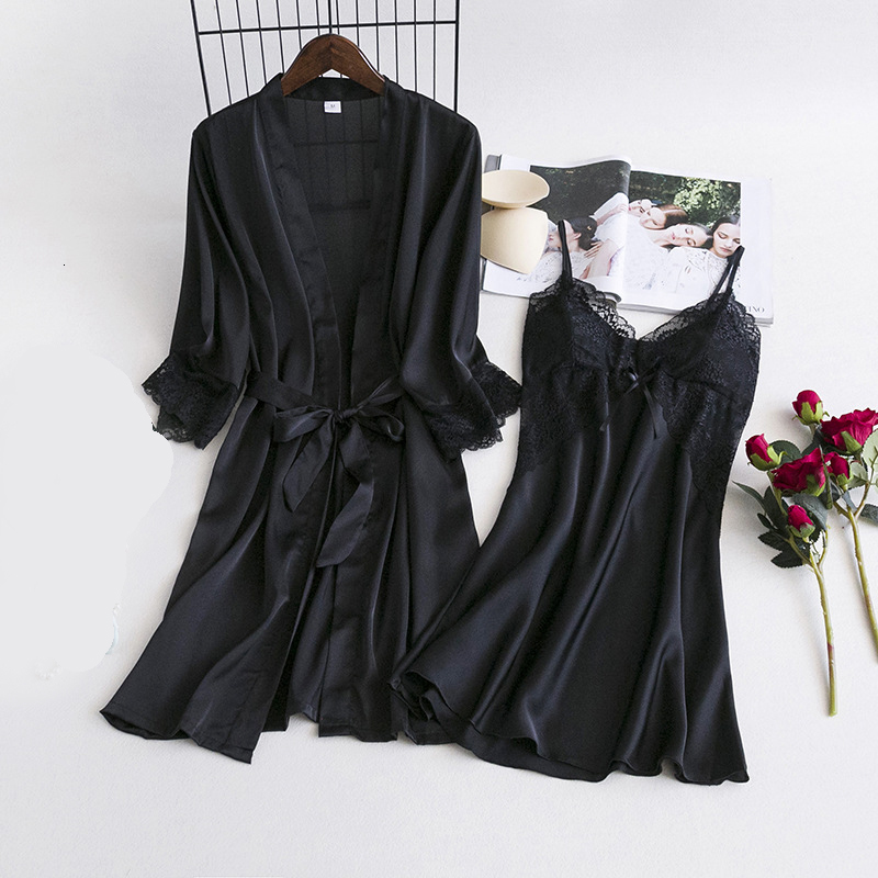 

Pyjama Dress Women Slept Suit 2pcs Nightgown V-neck Pajamas From Clothes Spring Nate Shared to Wear Home Mzlc, Black