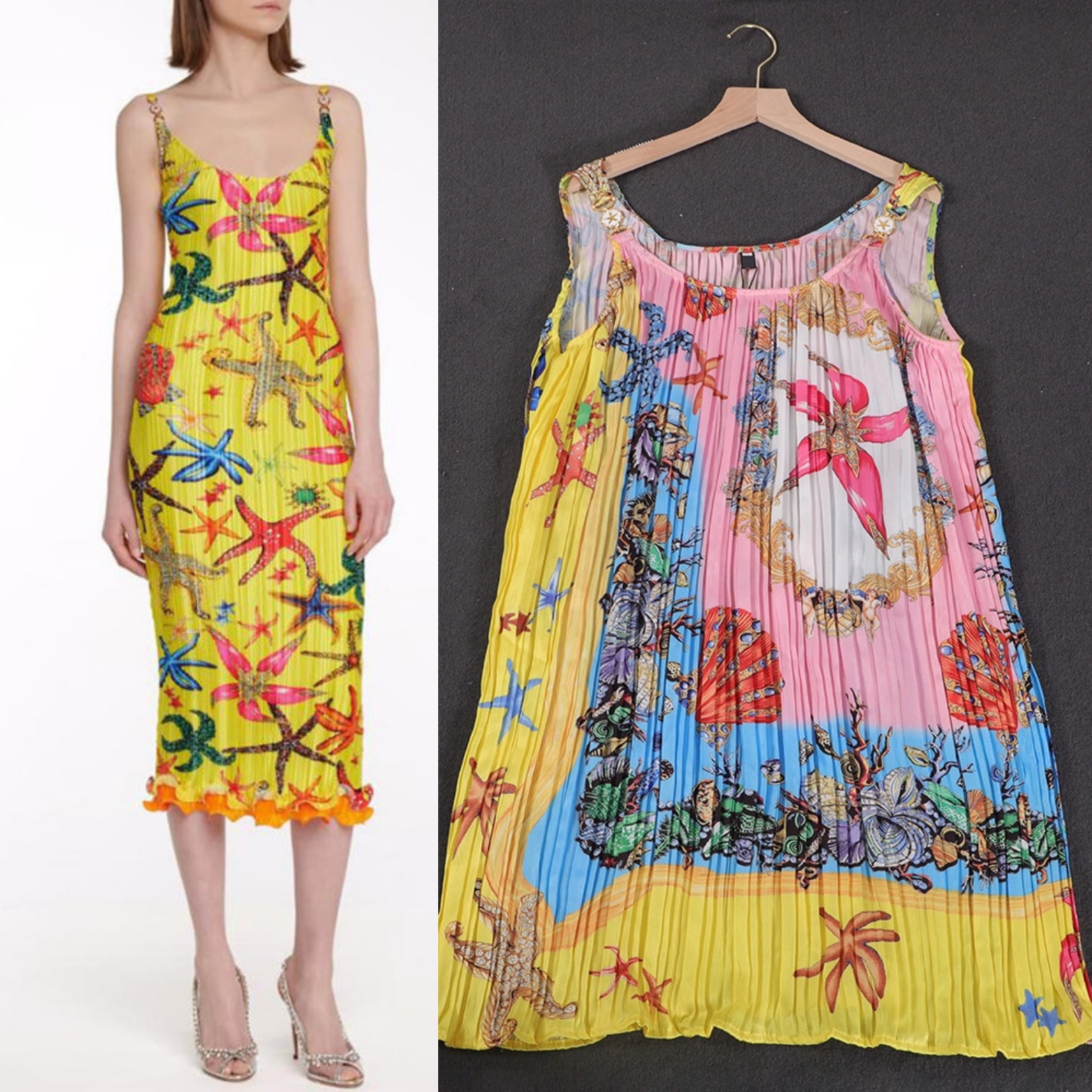 

Baroque starfish print sleeveless pleated dress, As picture short