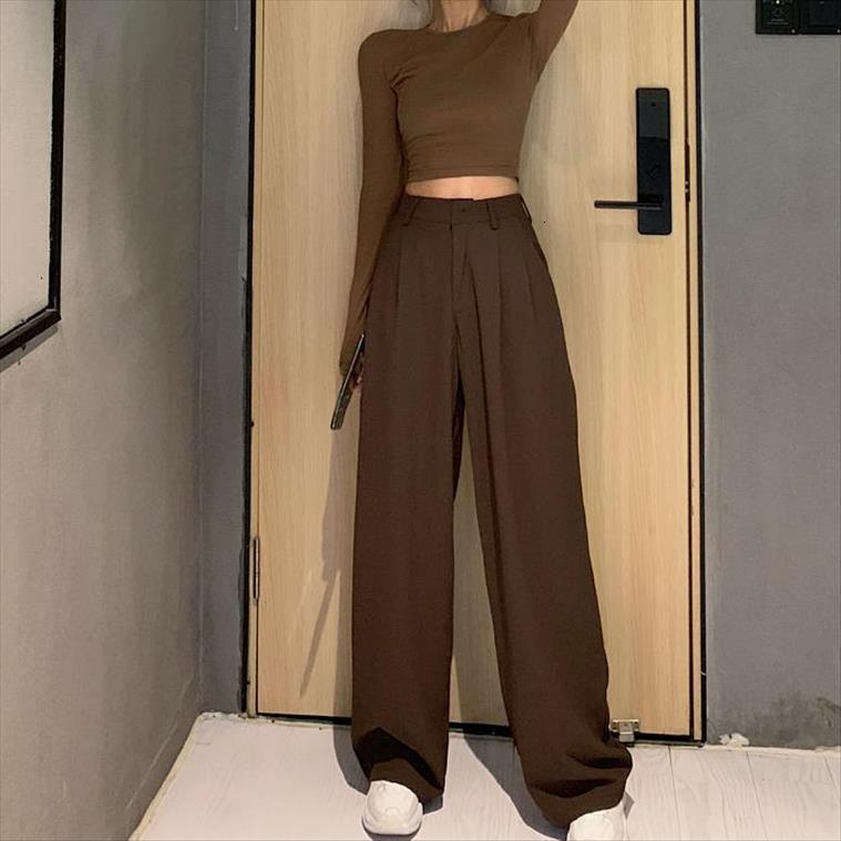 

retro solid color wild straight womens capri wide leg spring korean fashion high waist casual long, Black;white