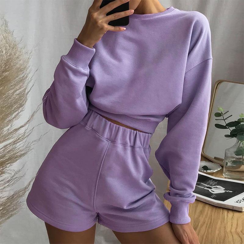 

2021 New Casual Tracksuit Two Piece Set and Shorts Outfits Autumn Solid Sweatshirts Sets Women Tops Pullover Suits Efni, Shorts-skin color
