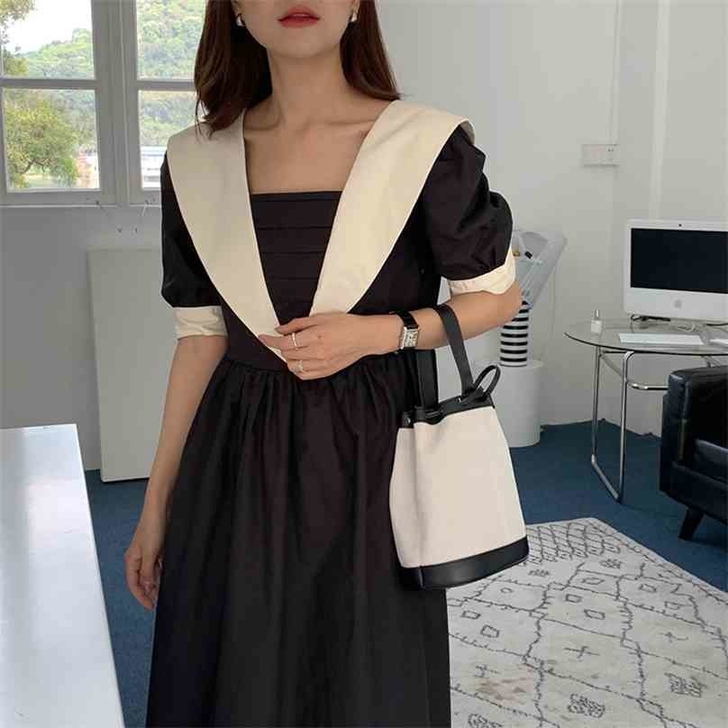 

Gentle Retro Patchwork Elegant Summer Office Lady Streetwear Loose Brief High Waist Women Chic Long Dresses 210525, Black