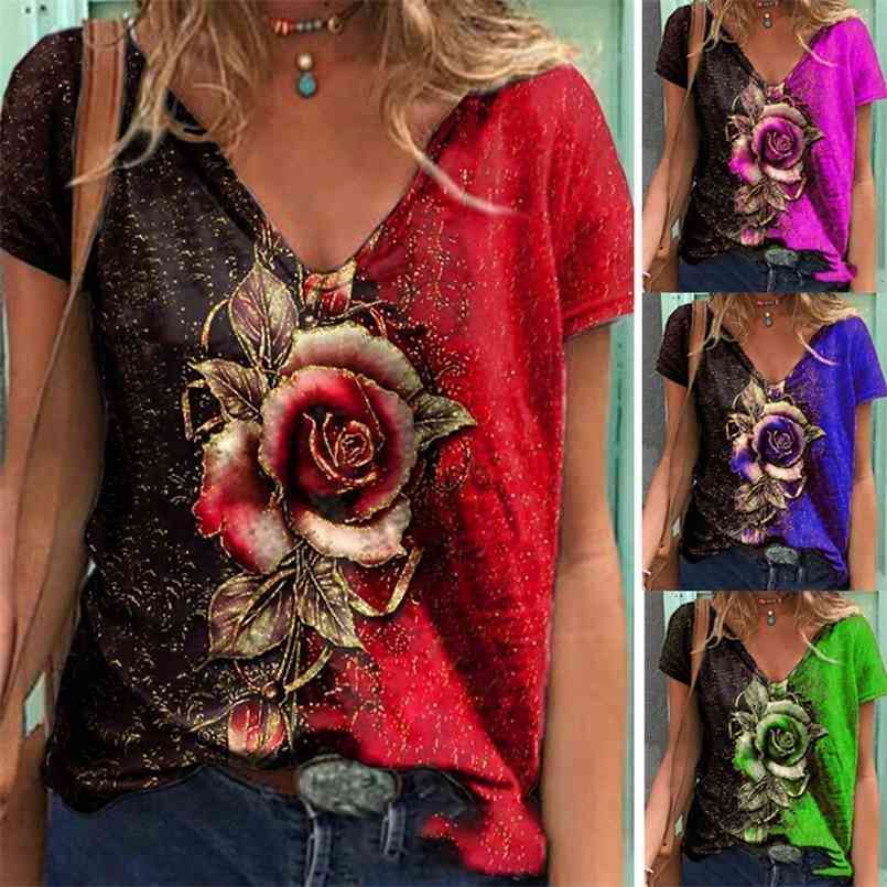 

Summer Women V Neck Floral Rose Printed Short Sleeve Shirt Top Casual Loose Pullover Plus Size Tshirt Ladies Clothing Female 210708, Rose red
