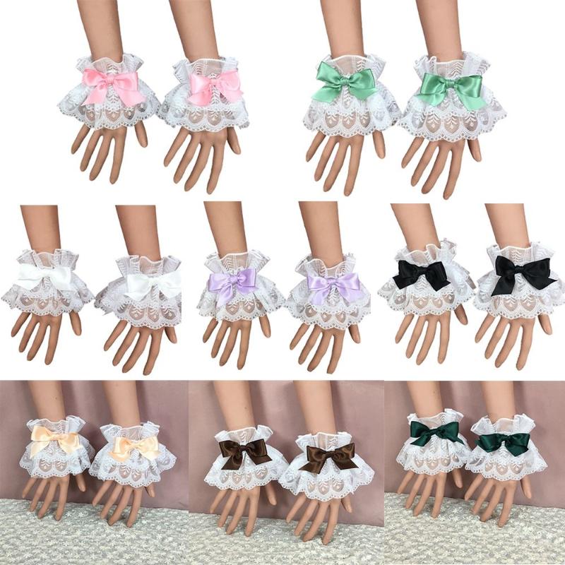 

Five Fingers Gloves 1Pair Lolita Hand Sleeve Wrist Cuffs Sweet Ruffled Lace Multicolor Bowknot Maid Cosplay Bracelet For Wedding Party