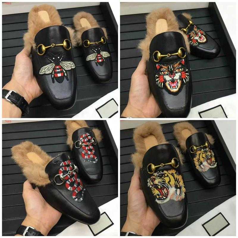 

New Genuine Leather Loafers Fur Muller Slipper With Buckle Fashion Women Princetown Ladies Casual Furs Designer Mules Flats Size 35-44, 10