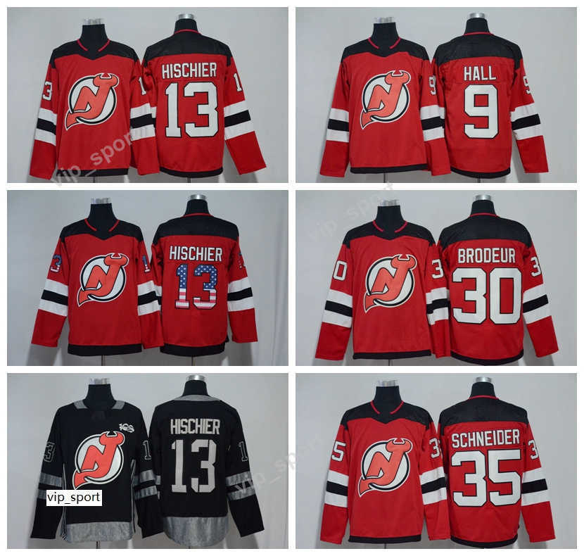 

New Jersey Devils Ice Hockey 9 Taylor Hall 13 Nico Hischier Jersey Red USA Flag 100th Anniversary 30 Martin Brodeur 35 Cory Schneider, 9 red ad