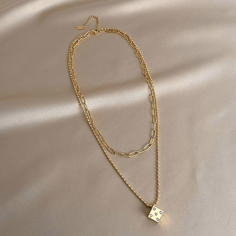 Xianlan693 Titanium Steel Dice Pendant Light Double Necklace Female Luxury Small Temperament Collarbone Chain Web Celebrity Long S-image-706518008