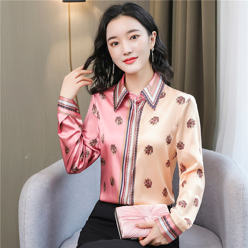 

runway designer silk satin shirt long sleeve contrast color spring autumn winter womens luxury tops elegant office ladies printed blouses Lapel Button shirts 2023, Pink