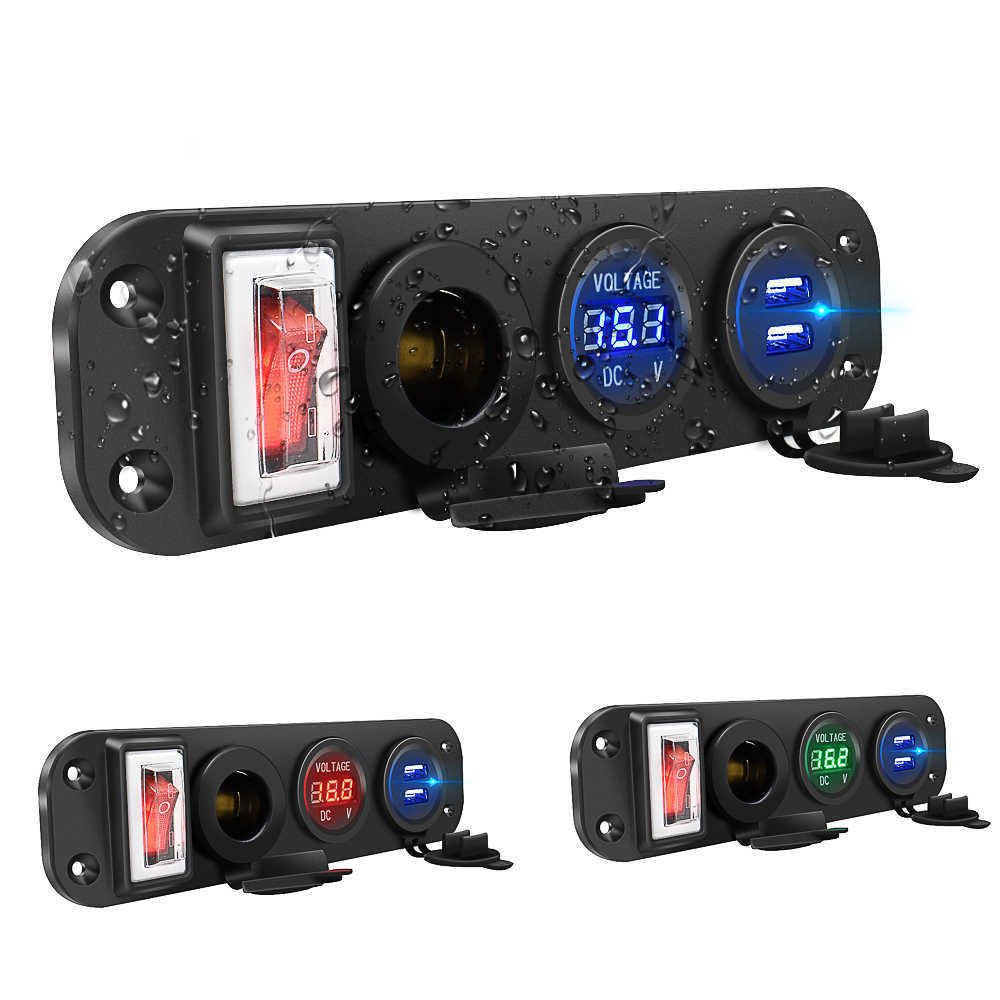 

4 In 1 Car Cigarette Lighter Digital Voltmeter Dual Usb Power Charger 12V Socket Dustproof Waterproof With Rocker Switch