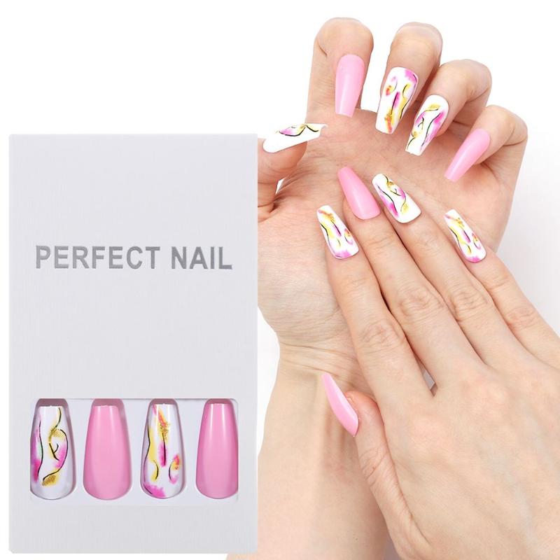 

False Nails Fashion Pink Nail Art Beauty Fake Ballet Tip T-Shaped, Red;gold