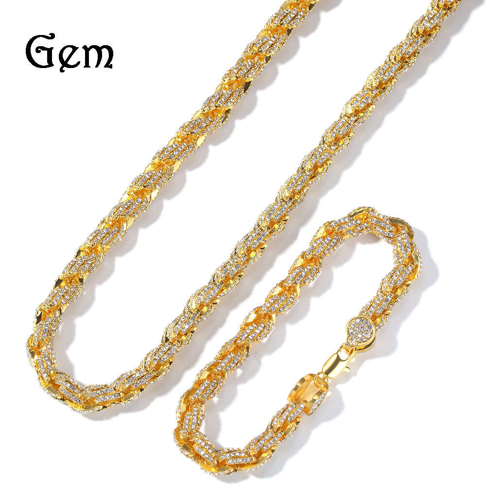 

New men's 9mm twist bracelet necklace set alloy diamond hip hop Necklace Jewelry