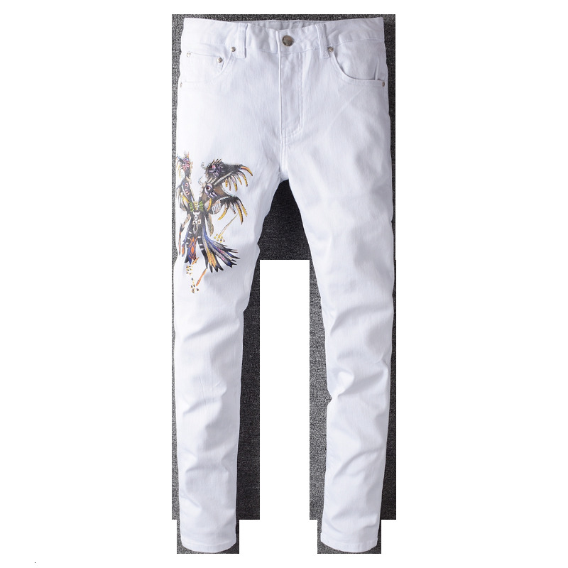 

2021 New Men's Male Summer Creative Printing White Jeans with Diamonds Denim Pants Mens Stretch Slim All-match Trousers 714 Z8cj, Beige